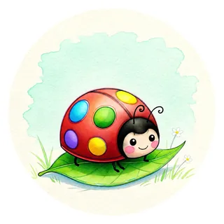 The sticker for Magic Dots' first set: a ladybug on a leaf whose spots are dots of paint