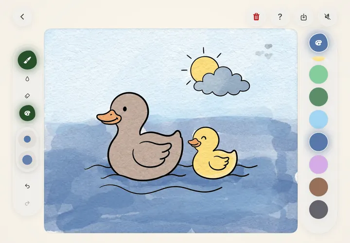 A duck and duckling painted on a blue pond